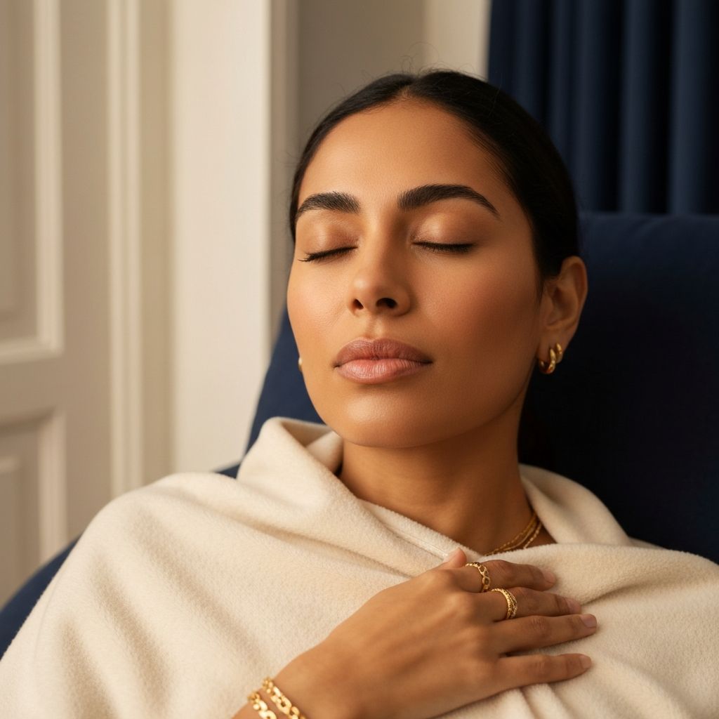 Serene client receiving IV therapy in luxury setting