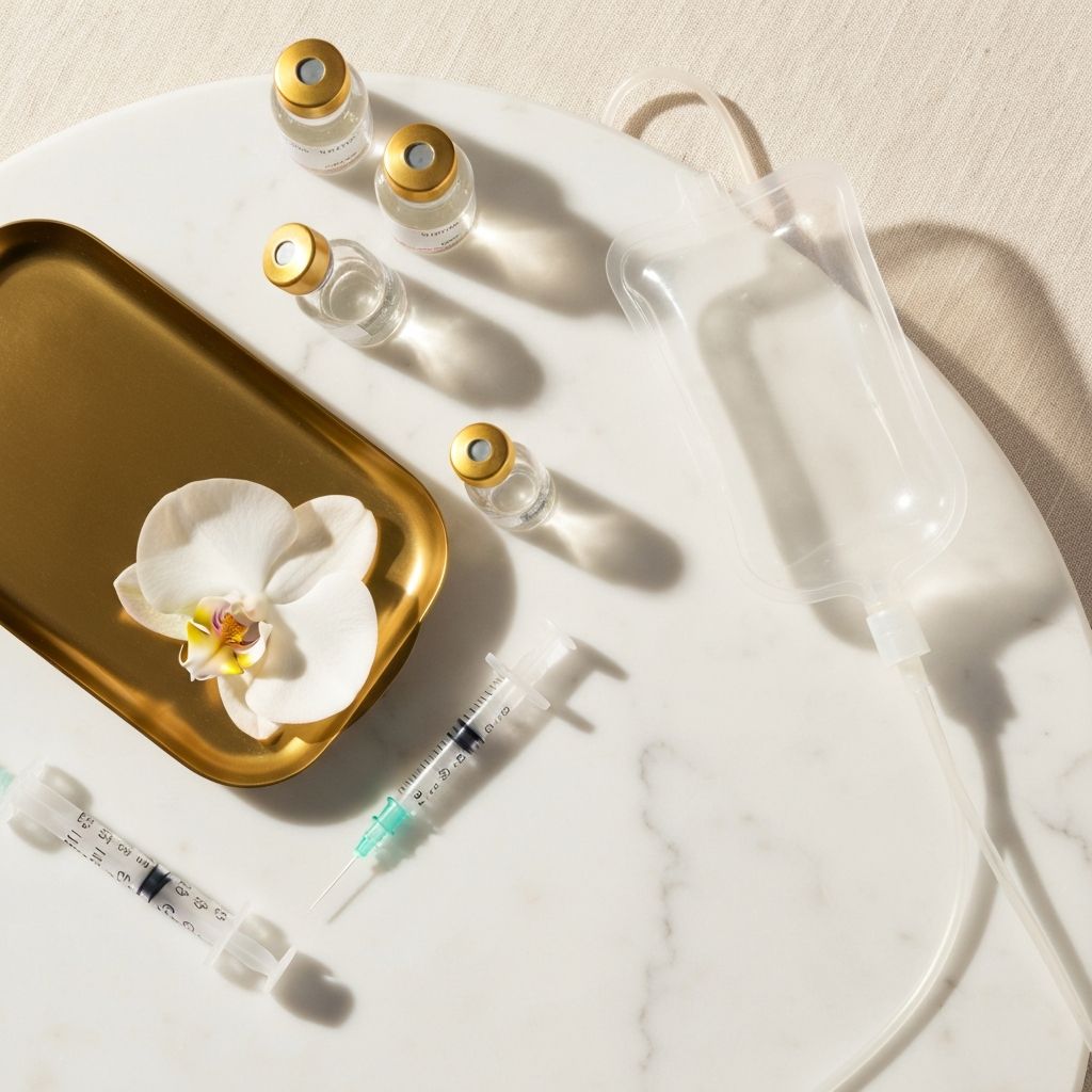 Premium IV therapy supplies on marble surface